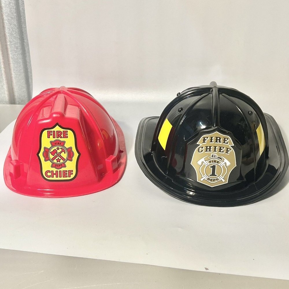 Fire Chief Hat Fire Fighter Red Plastic Costume Helmet Accessory Set Of 2